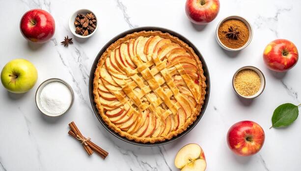 Elegant Apple Tart with Lattice Crust and Spice Accents on Marble. photo