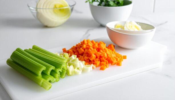 Freshly Diced Vegetables on White Cutting Board with Bowls in Background. photo