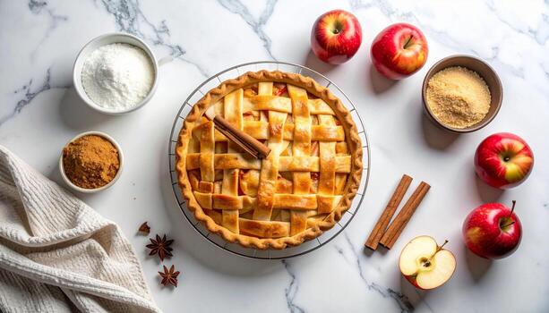Golden Apple Pie with Lattice Crust Cinnamon Sticks and Fresh Apples on Marble Surface. photo