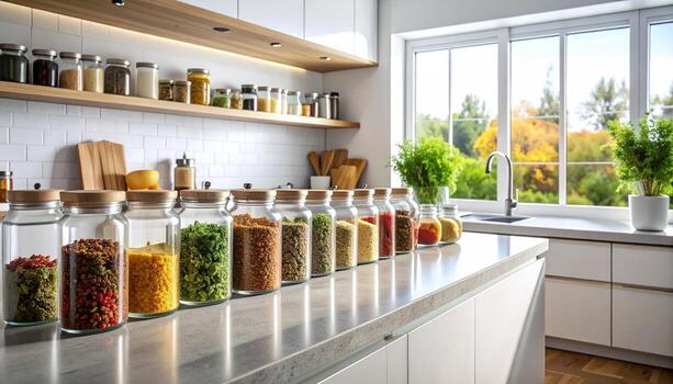 Kitchen Spice Jars Arrayed on Counter Bright Natural Light Modern Design. photo