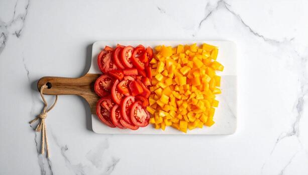 Overhead View Sliced Tomatoes and Diced Yellow Bell Peppers on Cutting Board. photo