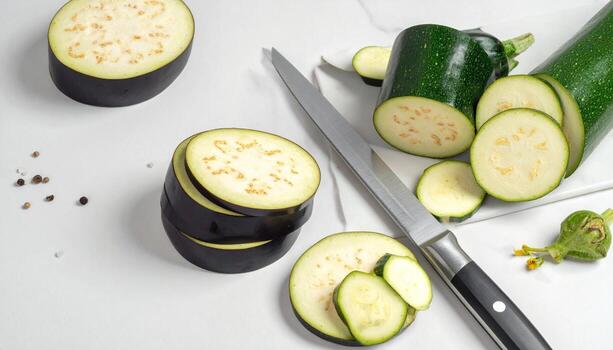 Sliced Eggplant and Zucchini with Knife on White Marble Background Top View. photo