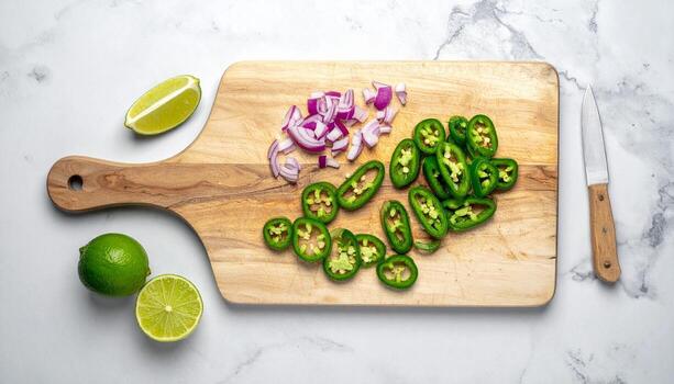 Vibrant Sliced Jalapeos Red Onion and Limes on Wooden Cutting Board Marble Background. photo