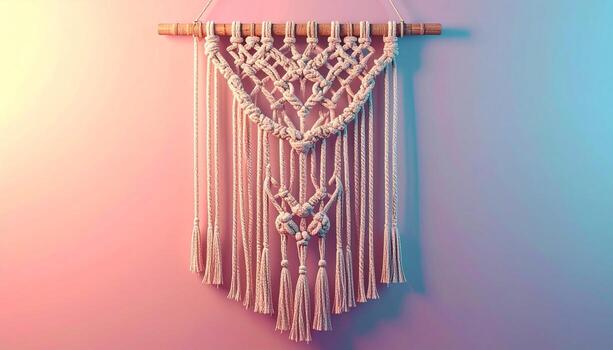 Elegant Macrame Wall Hanging with Gradient Lighting Bohemian Decor. photo