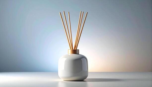 Elegant White Aroma Diffuser with Wooden Reeds Minimalist Design Soft Lighting. photo