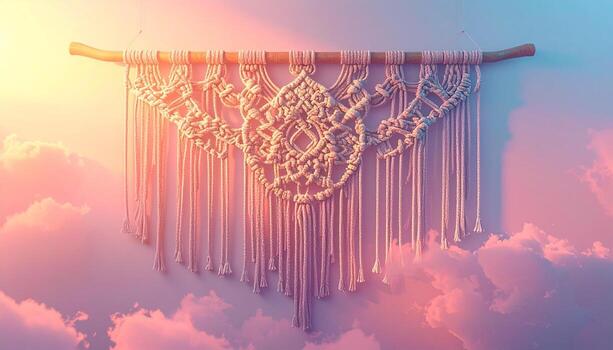 Macrame Wall Hanging with Dreamy Cloudscape and Soft Lighting. photo