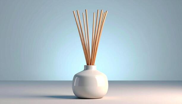 Minimalist White Vase with Reed Diffuser Sticks Soft Lighting Calm Aesthetic. photo