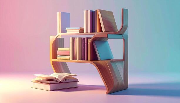 Modern Wooden Bookshelf with Books Open Book Gradient Background Artistic Composition. photo