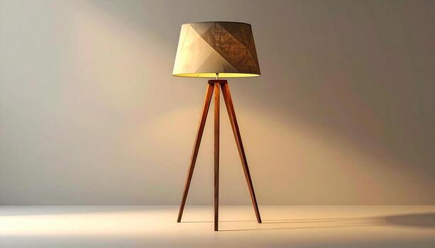 Modern Tripod Floor Lamp with Geometric Shade in Warm Light. photo