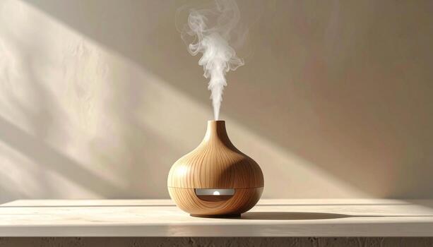 sereno aroma de madera difusor emitiendo vapor en suave ligero minimalista todavía vida. foto