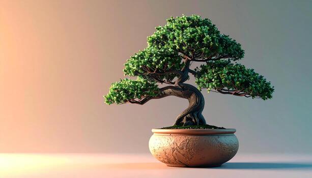 Serene Bonsai Tree in Textured Pot Soft Lighting Minimalist Composition. photo