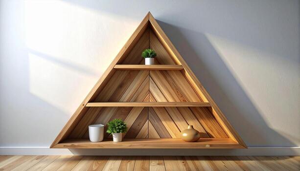 Triangular Wooden Shelf with Plants and Vase Against a White Wall. photo
