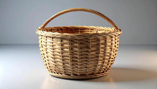 Woven Willow Basket with Handle on Neutral Background Studio Lighting. photo