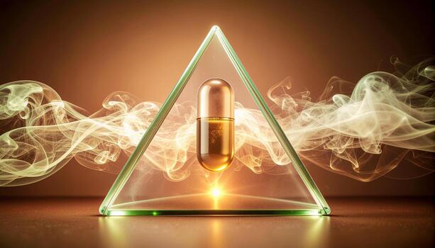 Vitamin Capsule Rotating Inside Penrose Triangle with Smoke Tracing Impossible Geometry for Impossible Vitality Visuals photo