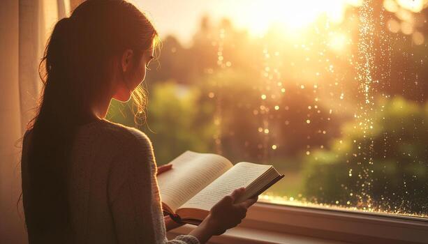StormWritten Page Woman Letting Rain Compose on Journal for Digital Elemental Amidst Papercrumblewhite Canvas Script in Thunder Light photo