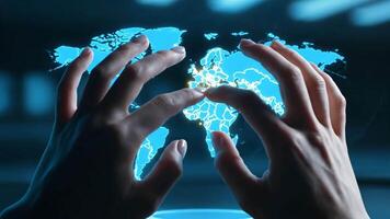 Hände interagieren mit animiert Welt Karte Hervorheben global Verbindungen video