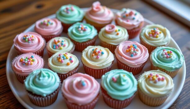 a plate of mini cupcakes with pastel frosting and tiny sprinkles, arranged in circular pattern neatly. photo