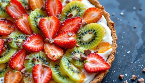 a tart with kiwi and strawberry slices arranged in a geometric, visually striking pattern. photo