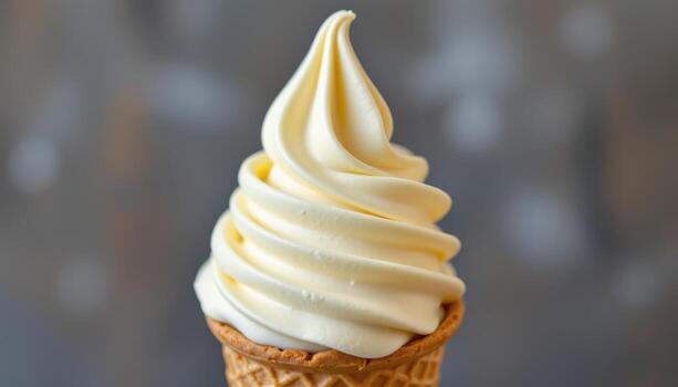 a swirl of soft serve ice cream in a cone, creamy vanilla twisting perfectly to its peak. photo
