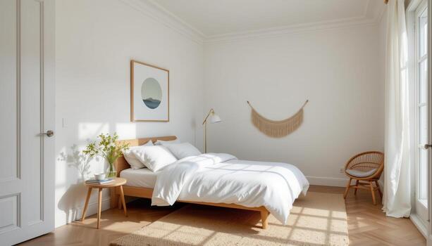 a scandinavian style room with white linens, low wooden bedframe, minimal furniture, and sunlight on floor. photo