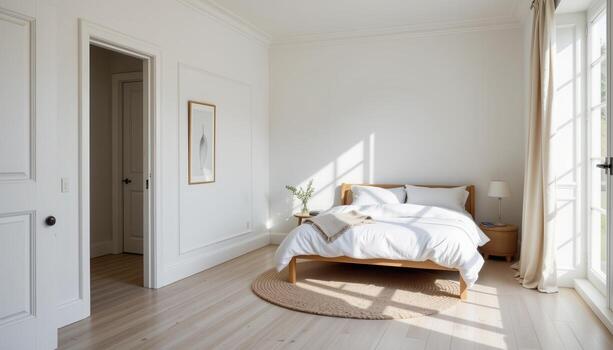 a scandinavian style bedroom with simple bed, white linens, small rug, and soft natural sunlight entering space. photo