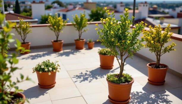 potted shrubs and small trees on a sunlit rooftop terrace, soft shadows stretching across smooth stone tiles. photo