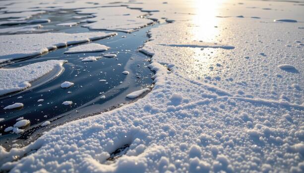 snow drifts lightly across frozen lake, delicate icy patterns forming, subtle sunlight glinting on surface. photo