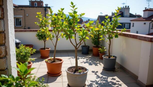 a rooftop terrace with small trees in pots, sunlight creating calm shadows and highlighting leaf textures subtly. photo