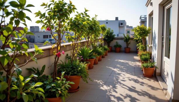 a rooftop terrace lined with potted plants, sunlight filtering through leaves, casting delicate patterns below. photo