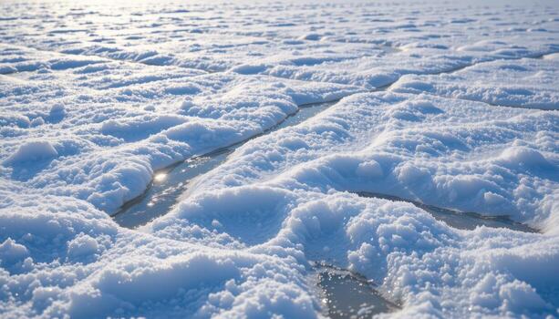 snow drifts across the frozen lake, subtle patterns forming naturally, faint glimmers of sunlight on ice. photo