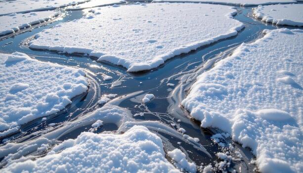 snow drifts lightly across frozen lake, delicate white patterns forming naturally, sunlight glinting subtly. photo