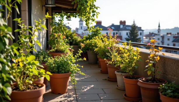 potted herbs and shrubs lining a rooftop terrace, warm sunlight illuminating leaves and casting faint patterns. photo