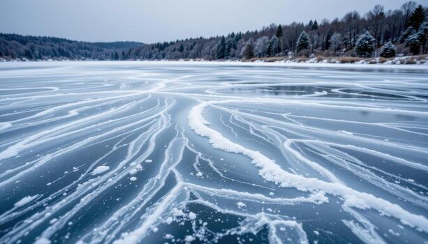 a frozen lake under winter sky, snow scattered lightly, creating delicate patterns across ice. photo