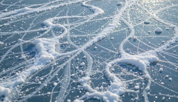a winter lake frozen solid, snow drifting lightly across ice, creating delicate white shapes naturally. photo