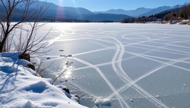 the lake lies frozen and silent, snow forming delicate patterns across smooth icy surface under sunlight. photo