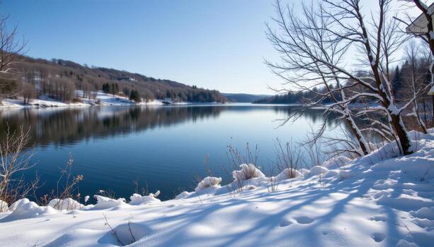 snow blankets the still lake, forming a pristine winter scene with faint shadows of distant trees. photo