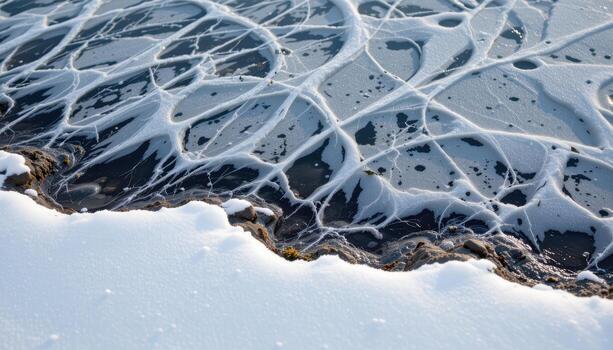 snow drifts across the frozen lake, delicate patterns forming where ice and powdery snow meet softly. photo