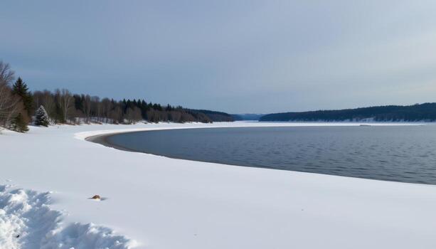 snow blankets the lake, smooth and untouched, shadows of distant trees stretching across the white surface. photo