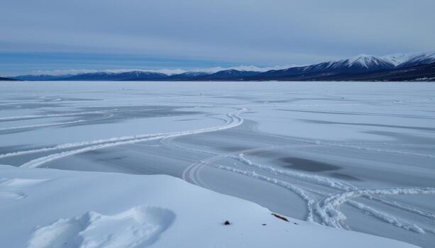 a wide lake frozen solid, snow covering all surfaces, distant mountains barely outlined against sky. photo