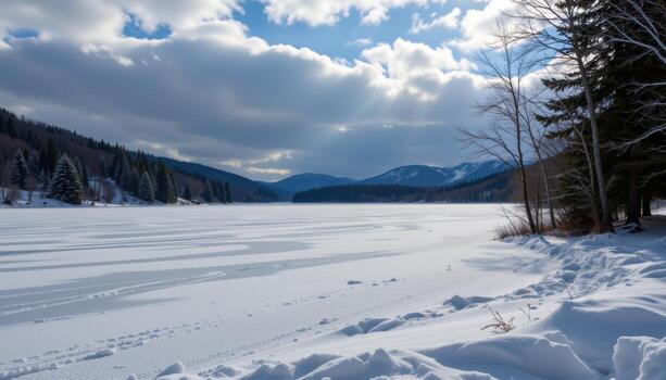 snow settles on the frozen lake, creating delicate patterns, soft reflections of clouds visible above. photo