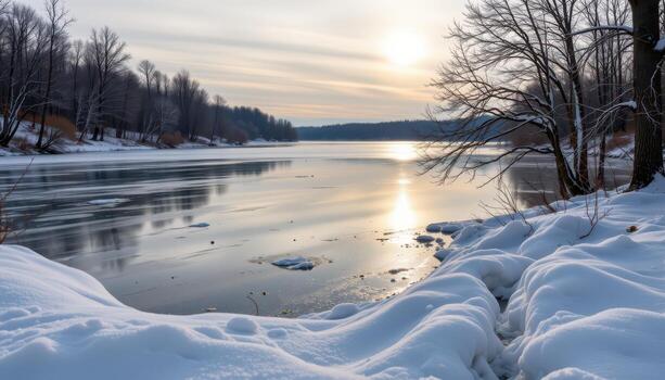 the lake lies frozen and quiet, snow forming soft patterns, pale winter sky reflected on ice. photo