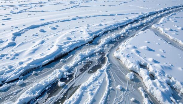 the lake lies frozen, snow forming soft white textures, ice peeking through in subtle patterns. photo
