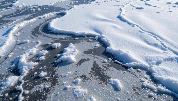 snow drifts gently across the frozen lake, soft white patterns forming naturally in winter sunlight. photo