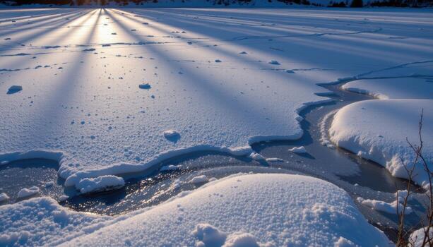 the frozen lake shines under soft winter light, snow forming patterns, shadows stretching gently. photo