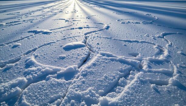 snow settles lightly across the frozen lake, smooth patterns forming naturally, sunlight glinting softly. photo