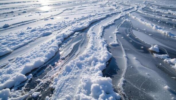 snow drifts across the frozen lake, delicate patterns forming, subtle glints of sunlight on icy surface. photo