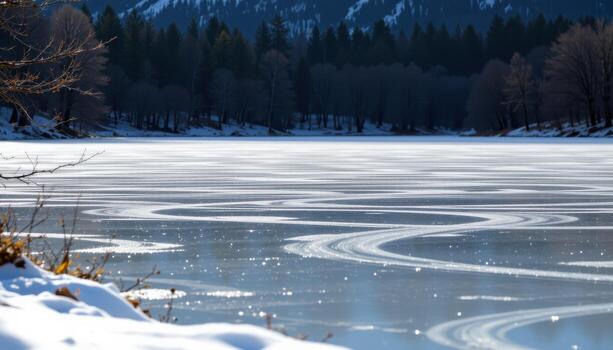 the lake lies frozen, snow covering all surfaces, subtle patterns forming naturally under soft light. photo