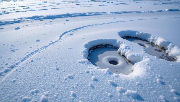 snow drifts lightly across the frozen lake, delicate patterns forming naturally beneath soft daylight above. photo
