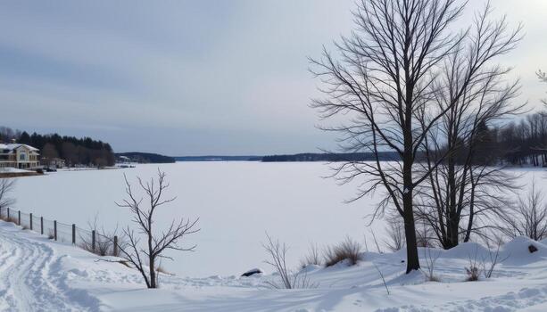 snow blankets the lake, smooth white surface stretching far, subtle icy patterns visible under light above. photo