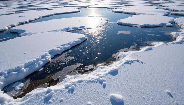 snow drifts across frozen lake, delicate white patterns forming naturally, sunlight glinting on smooth surface. photo
